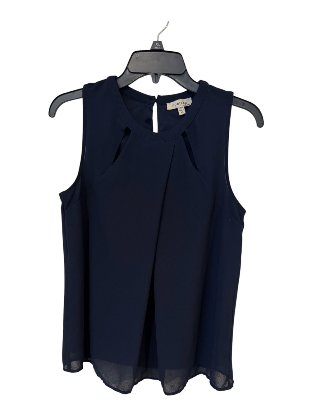 Monteau Los Angeles Blouse Women M Navy Blue Sleeveless Pleated Keyhole Flowy - Picture 2 of 5